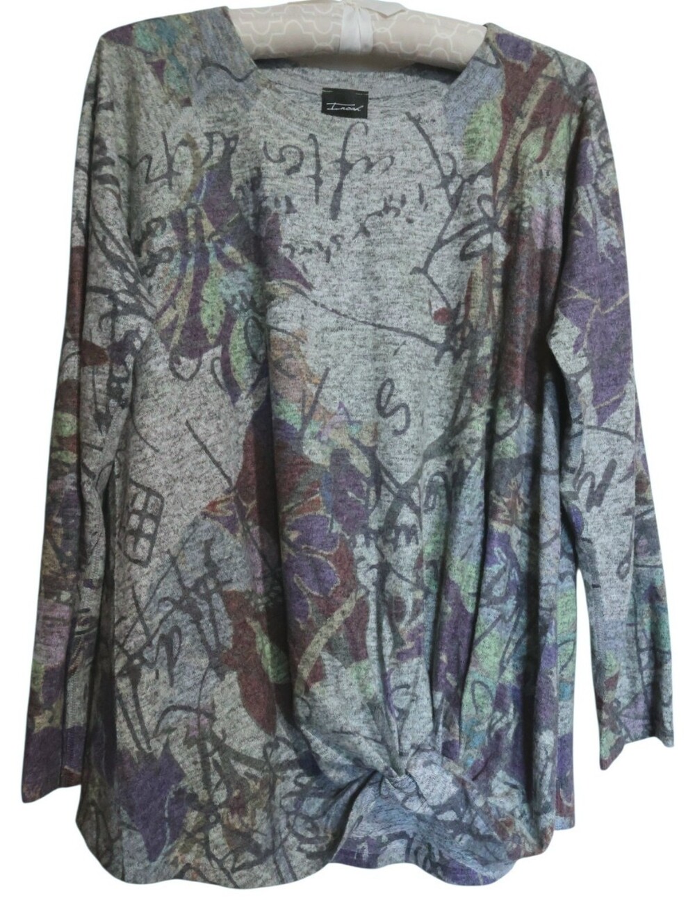 Inoah Grey Abstract Script Floral Twist Knot Front Top Size Small - Art to Wear
